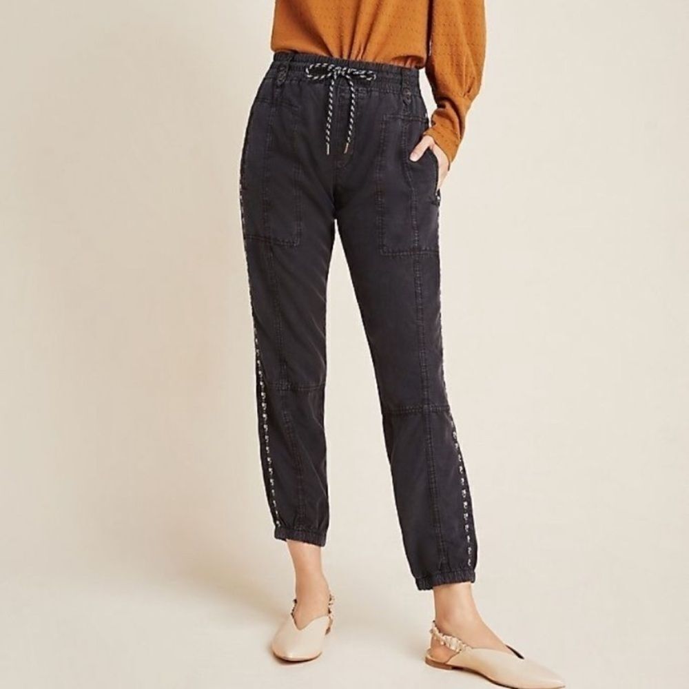 Anthropologie Cedar Embroidered Utility Joggers - Washed Black